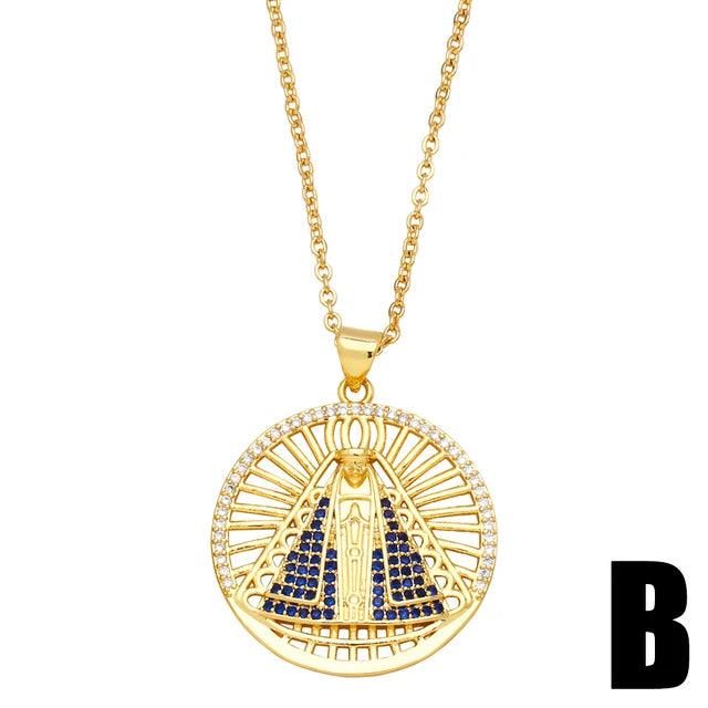 Colar Feminino Nossa Senhora Aparecida Banhado a Ouro 18k + Pedras de Zircônia (Dupla Face)